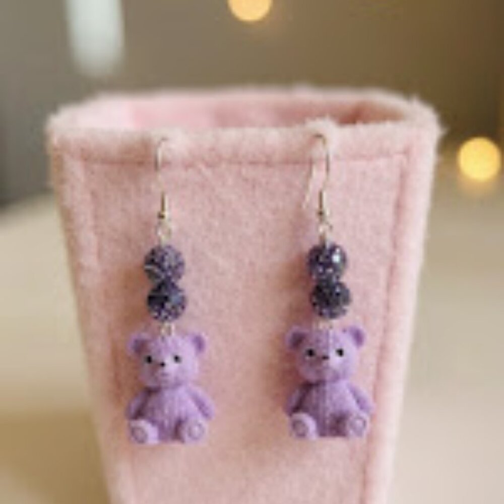PURPLE TEDDY BEAR EARRINGS~ W PURPLE BEADS